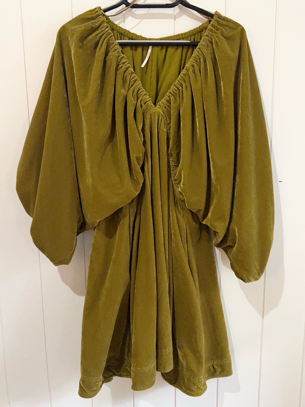 Free People Portia Mini Dress Velour velvet BOHO Bell Sleeves size S Green